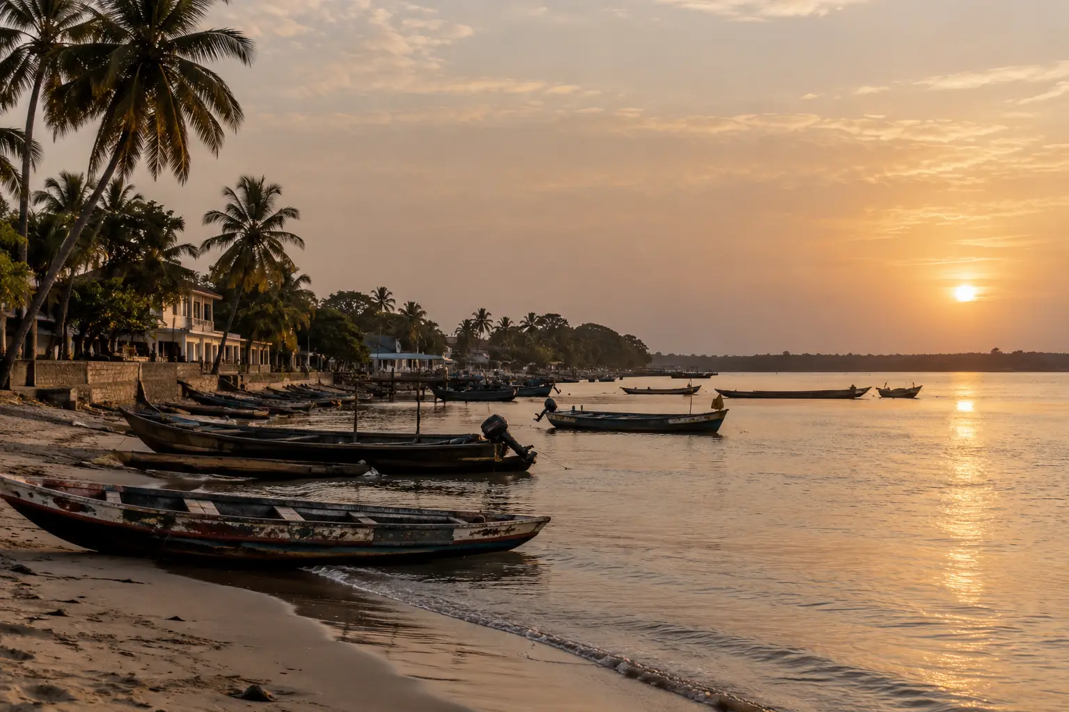 Sunset over the Gambia River, with fishing boats along the shore